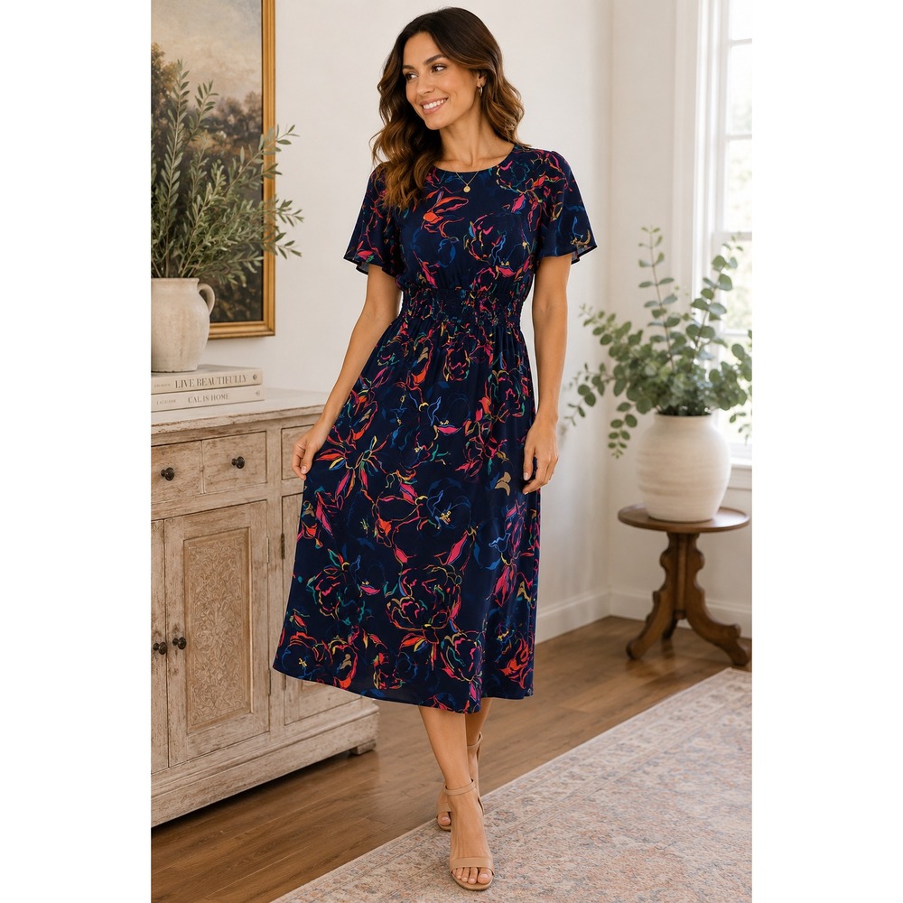 Pretty Sugar + Lips S Navy Floral Midi Dress Smocked Waist Short Sleeve Romantic